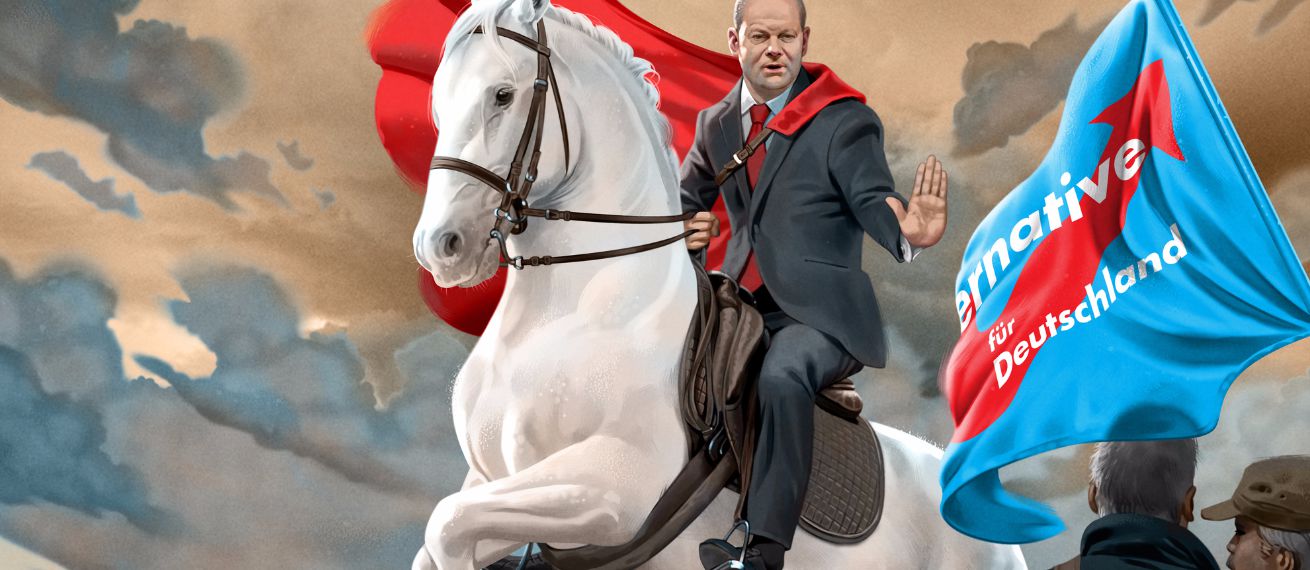 Hamburg Mayor Olaf Scholz meets Emil Forstberg from RB Leipzig - two illustrations by Michael PLEESZ c/o ART ACT for you on GoSee