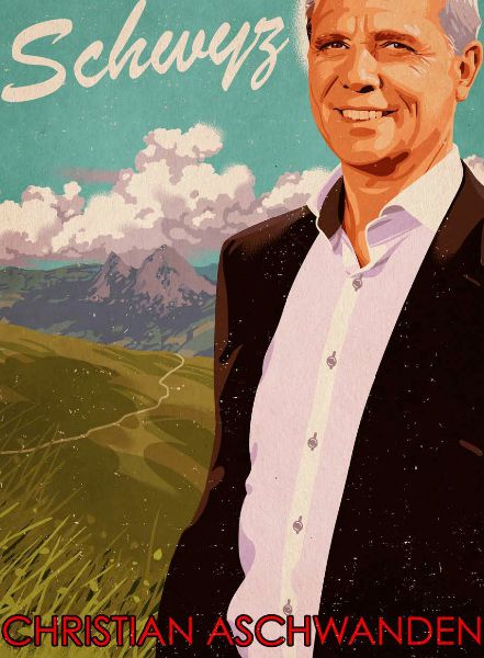 Werner Oechslin, Jean Claude Monnin, Christian Aschwanden and Weather King Peter Suter - Swiss celebrity portraits for Y-Magazine Schwyz - illustrated by Michael PLEESZ c/o ART ACT