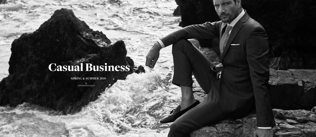 'Casual Business' - the GIOVANNI GALLI S/S 2018 campaign with confident male model Boris BEYNET c/o LOUISA MODELS; we have three motifs for you on GoSee