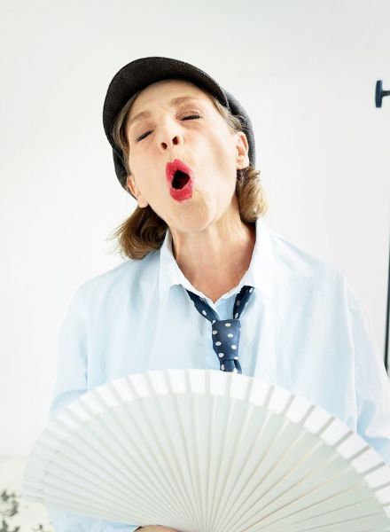 ‘She’s just playing’, Yves Borgwardt photographs actress and star of the film musical ‘Ich war noch niemals in New York‘ Katharina Thalbach for Deutsch VOGUE - hair & make-up by Gabrielle THEURER c/o BASICS BERLIN