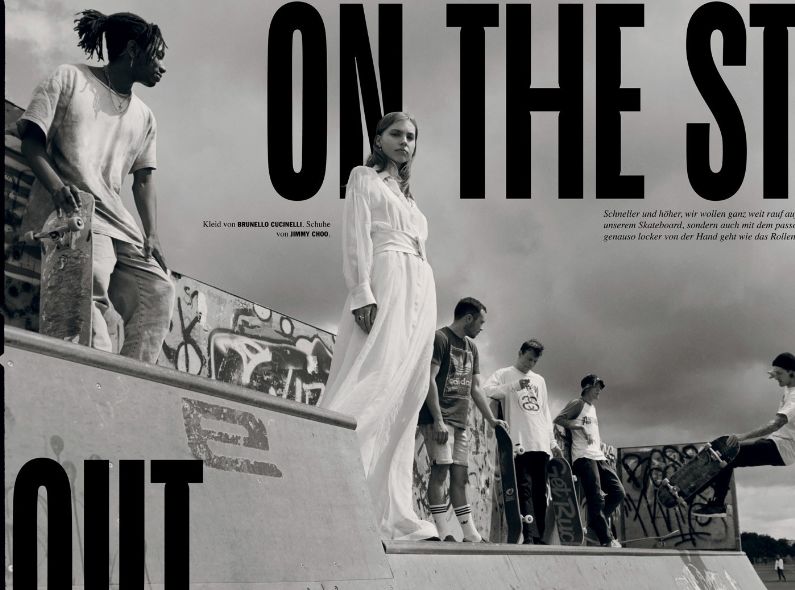 Model Marielu in the ‘On the streets’ editorial for the REAL issue of FACES magazine September 2020 – photographed by Johannes GRAF c/o HILLE PHOTOGRAPHERS on and around the skate ramp, styling by Andrea Tzelepides