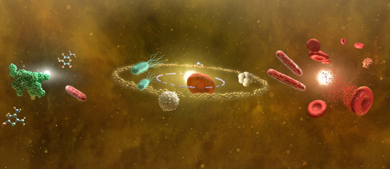 'Vier Galaxien der Urindiagnostik' - hyperrealistische 3D Illustrationen von Eiweißen, Bakterien und Blutkörperchen als faszinierendes Panorama von Armin SCHIEB c/o SEPIA für SYSMEX