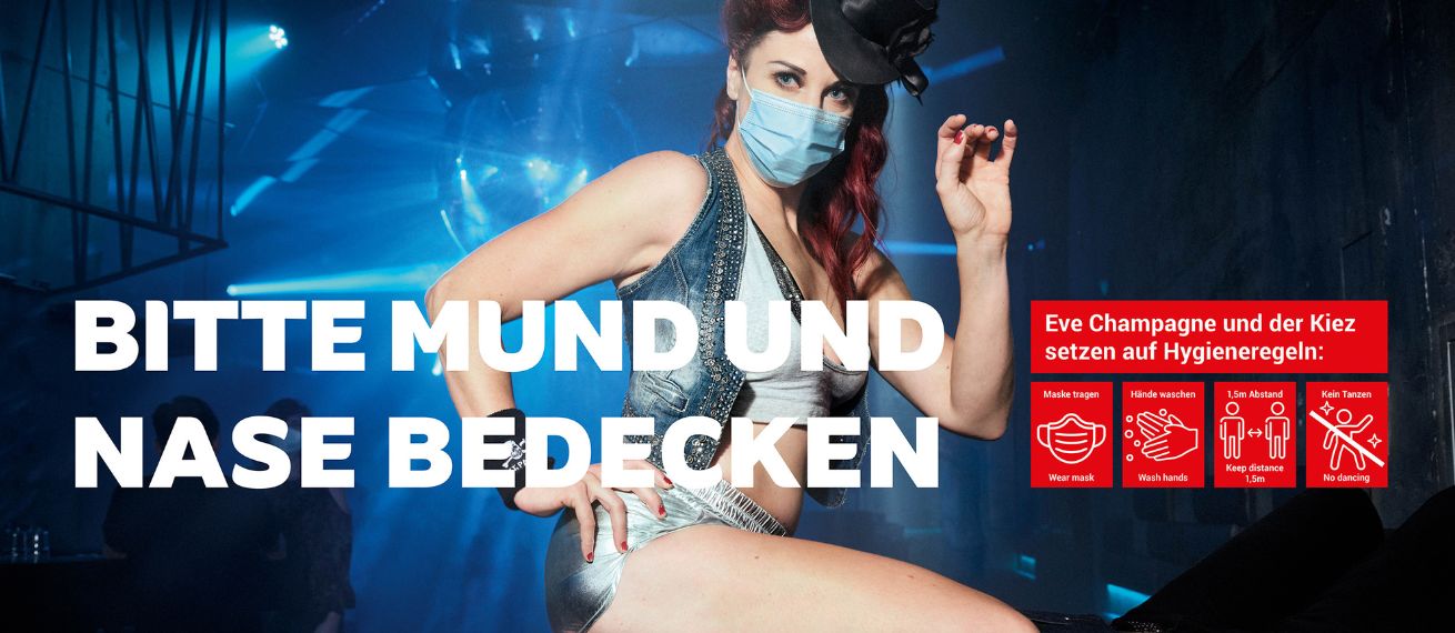 ‘Please cover mouth and nose – the St. Pauli hygiene rules’ – Hamburg’s most provocative poster on the Reeperbahn, photographed by PHILIPP RATHMER for advertising agency Achtung