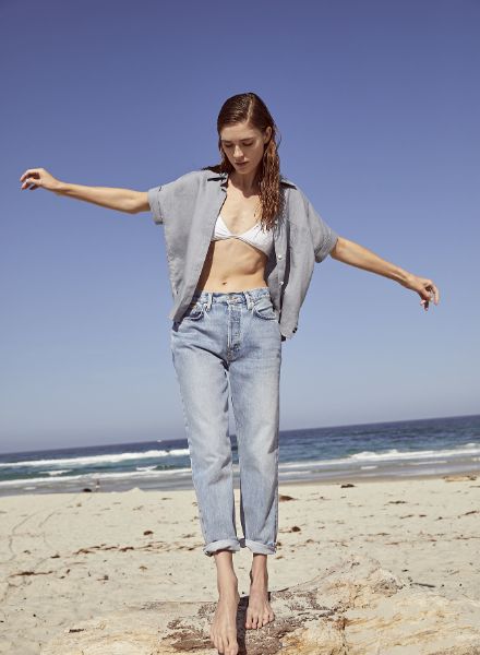 ‘Durable, wearable, beautiful staples made to last, …’ – Annie EDMONDS c/o ALYSSA PIZER MANAGEMENT photographs actress and model Katy O’Kane for AMERICAN GIANT