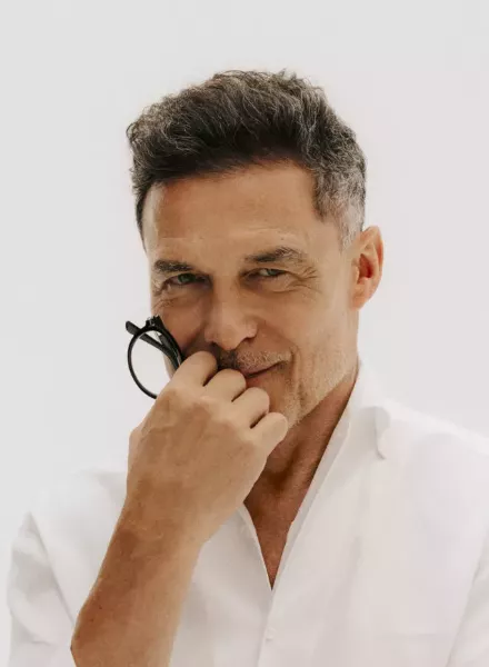 The American businessman and hotelier André Balazs in the INTERVIEW magazine September 2025 - he was portrayed by Charlie GRAY c/o LGA MANAGEMENT