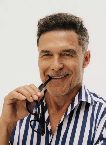 The American businessman and hotelier André Balazs in the INTERVIEW magazine September 2025 - he was portrayed by Charlie GRAY c/o LGA MANAGEMENT