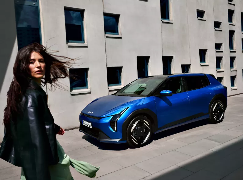 The KIA EV4 in a modern campaign, photographed by Matthew Jones c/o EMEIS DEUBEL