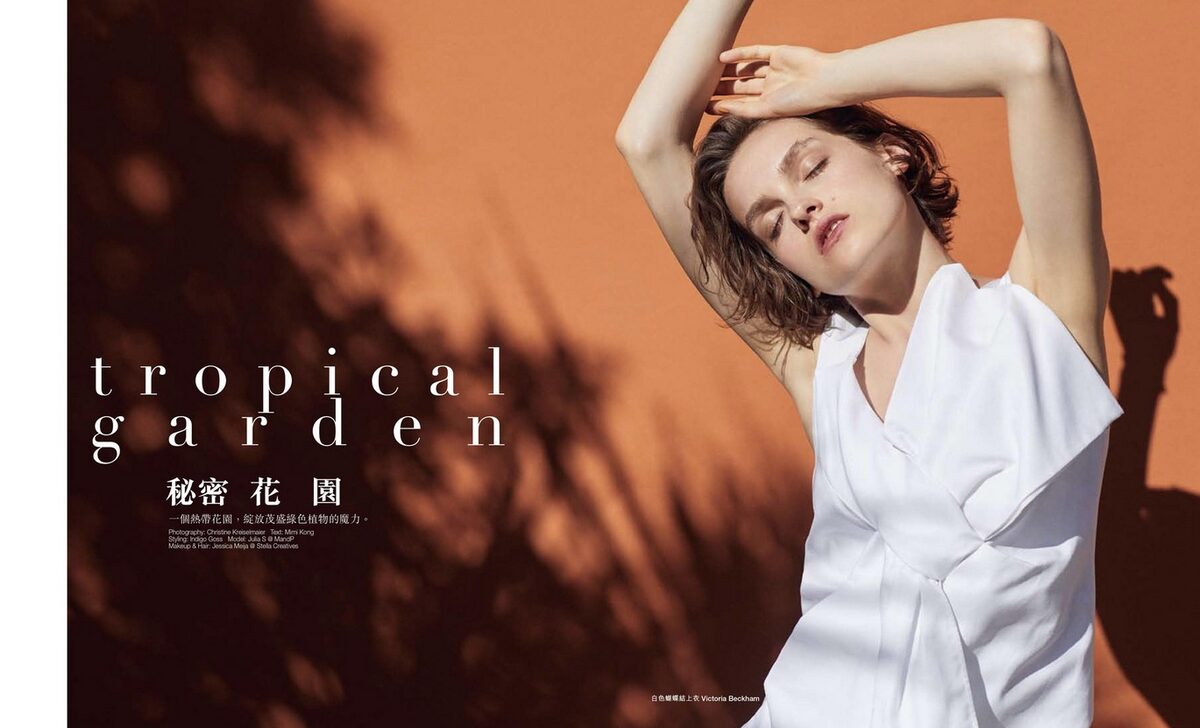 'Tropical Garden' – snow white fashion spread for MARIE CLAIRE Hong Kong with enchanting <b>JULIA S c/o LOUISA MODELS</b>