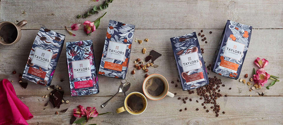 Packaging design for TAYLORS OF HARROGATE 'Single Origin Coffee' by illustrator Suthipa KAMYAM c/o WILDFOX RUNNING