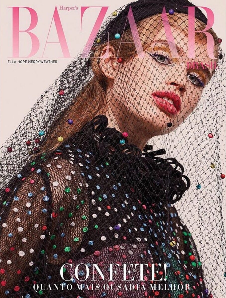 Glitzer-Konfetti und Model <b>Ella Hope MERRYWEATHER c/o LOUISA MODELS</b> für HARPER'S BAZAAR Brasil, das Foto von Zelinda Zanichelli