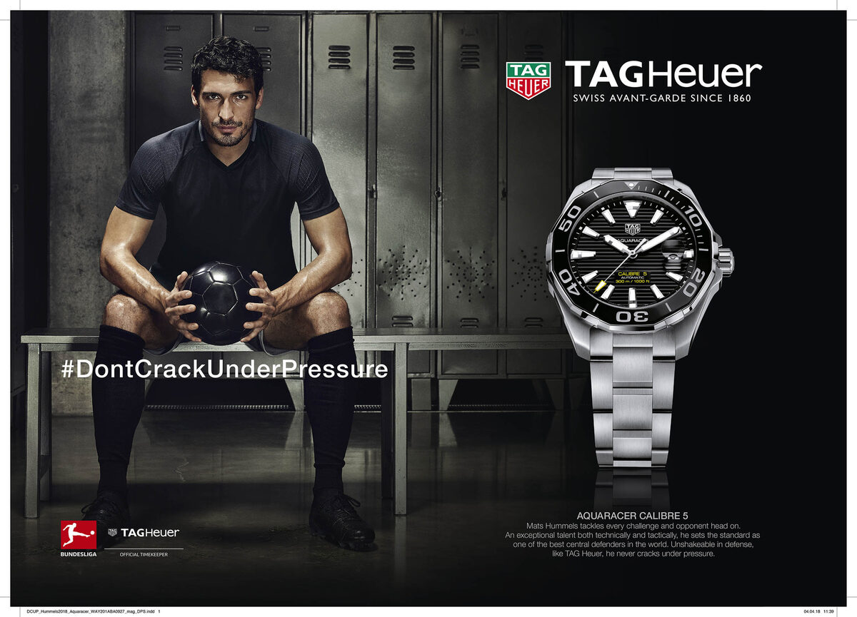 #DontCrackUnderPressure - the TAG HEUER campaign motif with soccer star Mats Hummels by photographer <b>Michael MUNIQUE c/o AGENTUR NEUBAUER</b>