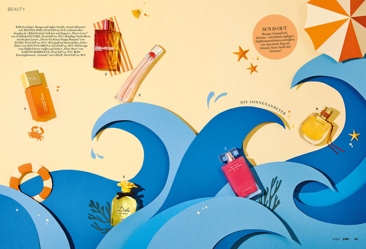 Fragrances as paper art by Maren Schabhüser c/o Double T Photographers for JOLIE MAG
