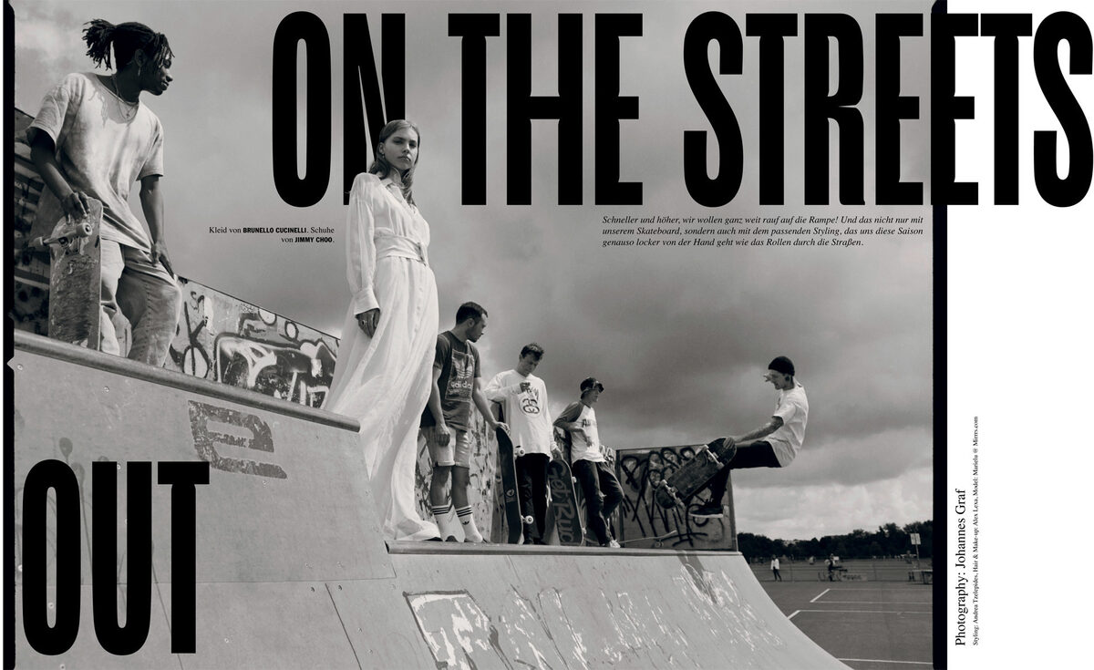 Model Marielu in the ‘On the streets’ editorial for the REAL issue of FACES magazine September 2020 – photographed by Johannes GRAF c/o HILLE PHOTOGRAPHERS on and around the skate ramp, styling by Andrea Tzelepides