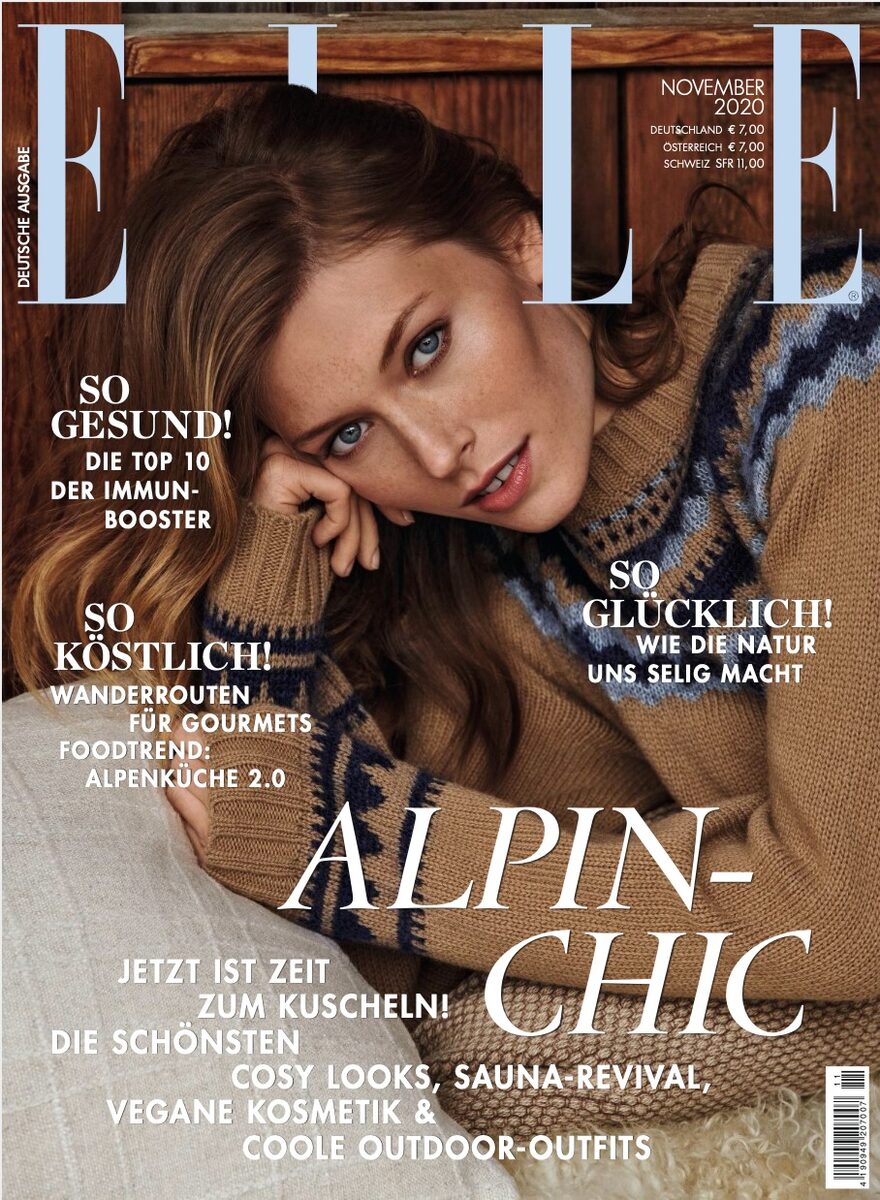 Model Caroline Lossberg on the cover of ELLE Germany November 2020, photographed in the Bavarian Alps by ANDREAS ORTNER, with styling by Birgit Schlotterbeck and hair & make-up by Anna Neugebauer