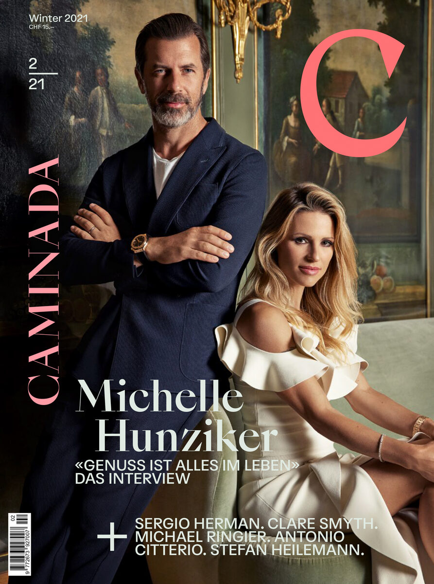 CHRIS TRIBELHORN photographs Michelle Hunziker and star Chef Andreas Caminada for CAMINADA MAGAZINE at Schauenstein Castle in Switzerland