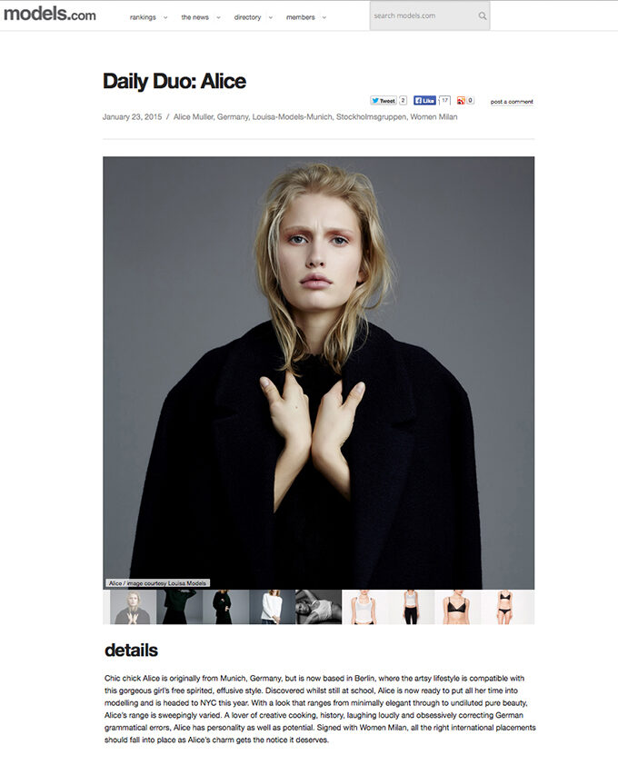 MODELS.COM feiert New Face und LOUISA MODELS-Gewächs Alice MÜLLER, erste Motive auf GoSee
