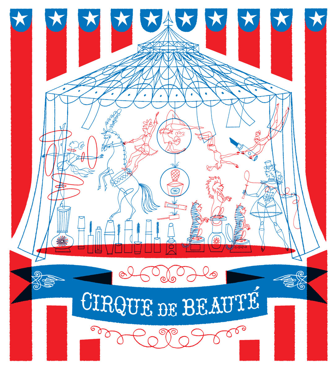The SAKS FIFTH AVENUE 'Cirque de Beauté'. Illustration by Klas FAHLÉN c/o AGENT BAUER; we have the XXL motif on GoSee