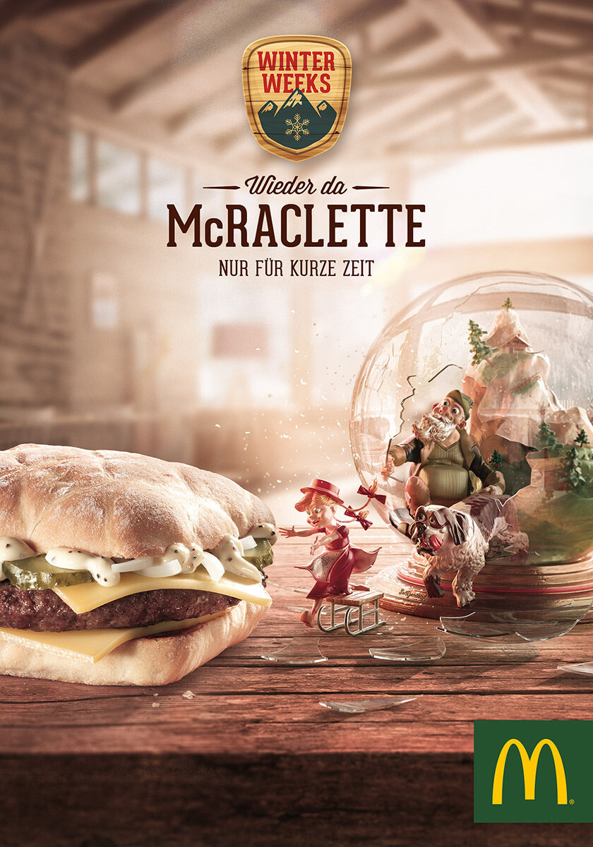 McBretzel and McRaclette for the MCDONALD'S 'Winter Weeks' - ad motifs with a little burger fans , created by <b>CARIOCA STUDIO</b> for TBWA Zurich