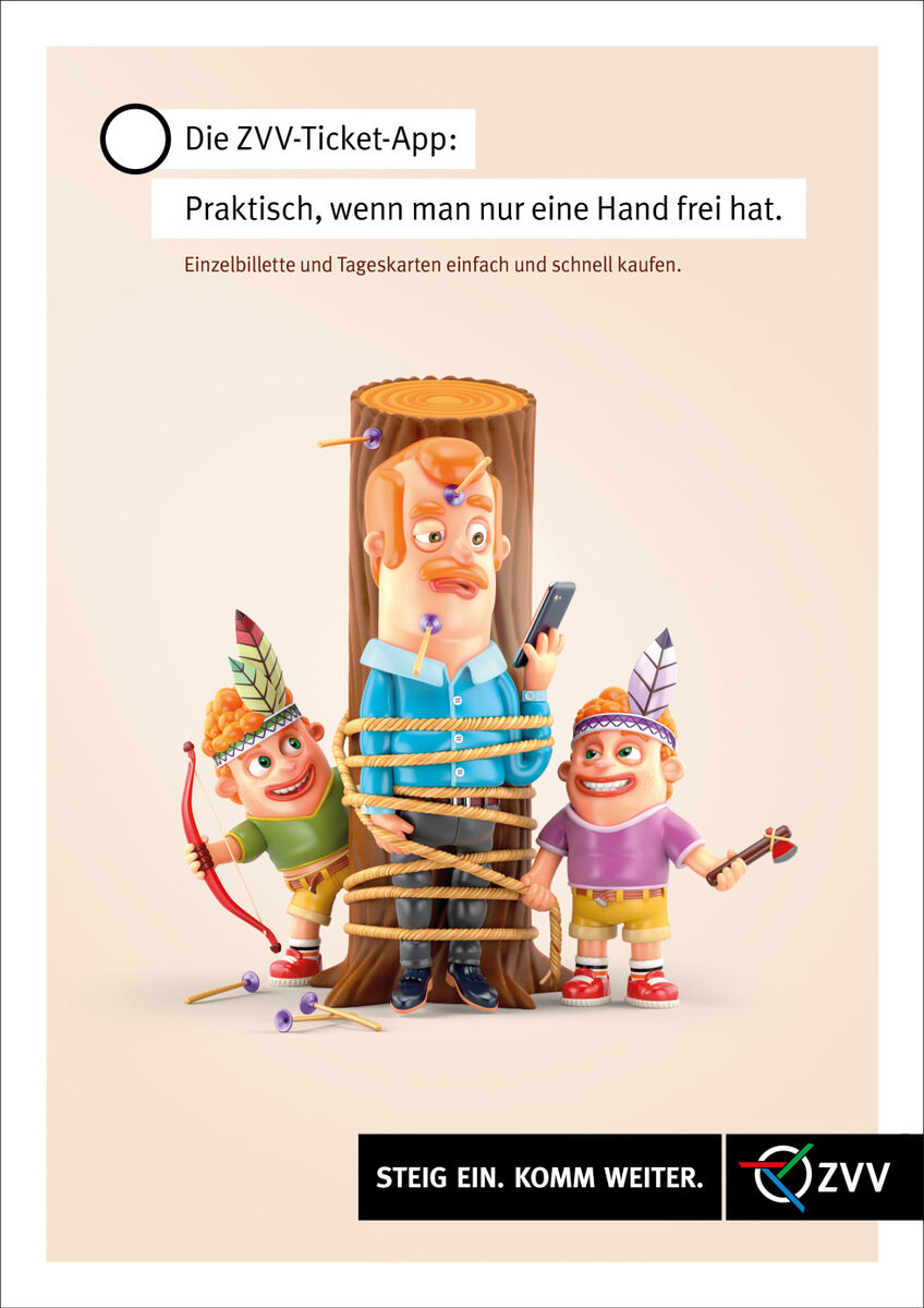 The ZVV ticket app: 'Comes in handy in one-handed situations' - character-illustration by <b>NIKOPICTO</b> für TBD