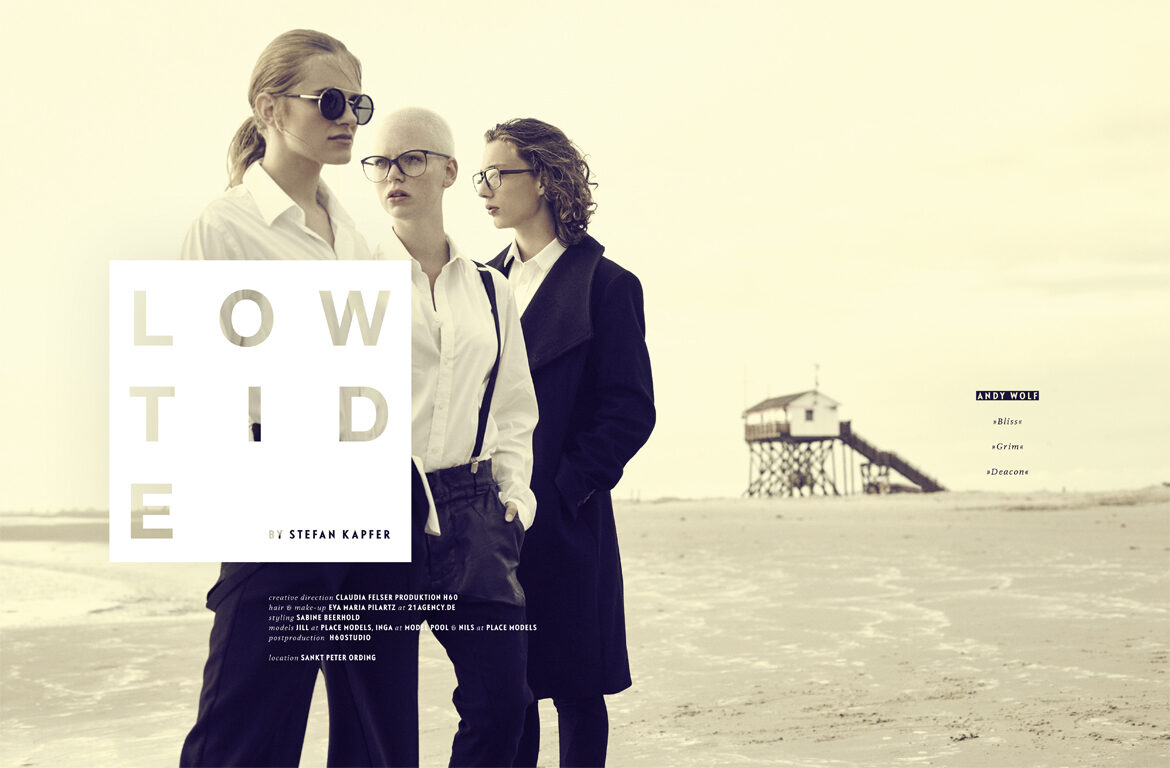 Lowtide – eyewear fashion editorial for SPECTR on the beach in St. Peter Ording with hair & make-up artist Eva-Maria PILARTZ c/o 21AGENCY