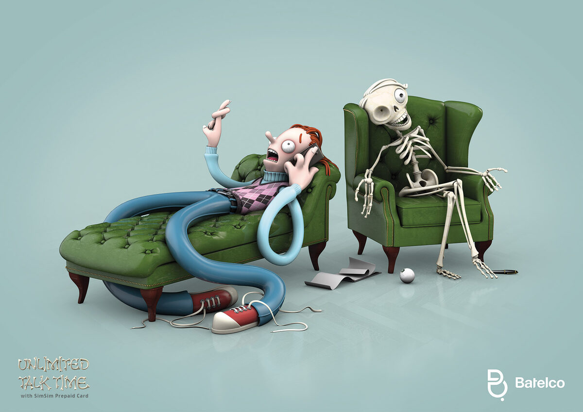 'Unlimited Talk Time' for SIMSIM and incredible toothpicks for ELMEX - illustrations by Mark GMEHLING c/o VISUALEYES ARTISTS