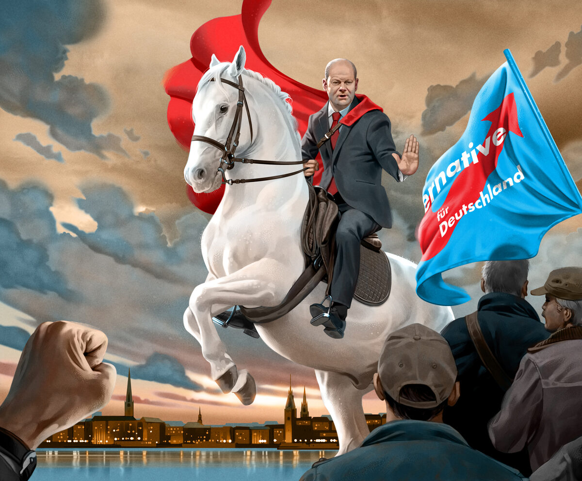 Hamburg Mayor Olaf Scholz meets Emil Forstberg from RB Leipzig - two illustrations by <b>Michael PLEESZ c/o ART ACT</b> for you on GoSee