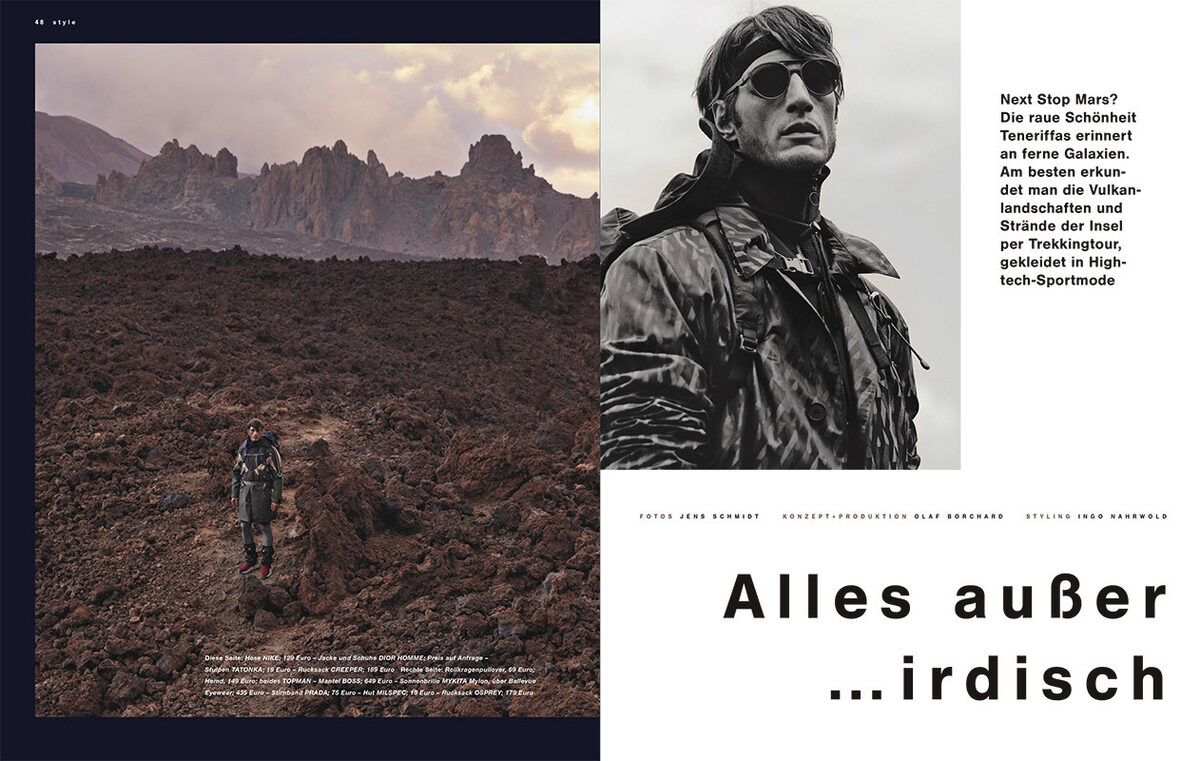 Für 'Alles außer …irdisch' in der freien Natur der Kanaren-Insel Teneriffa - Ingo NAHRWOLD c/o BIGOUDI stylt die Männermoden-Strecke für das LUFTHANSA Exclusive Magazin, Fotos Jens Schmidt
