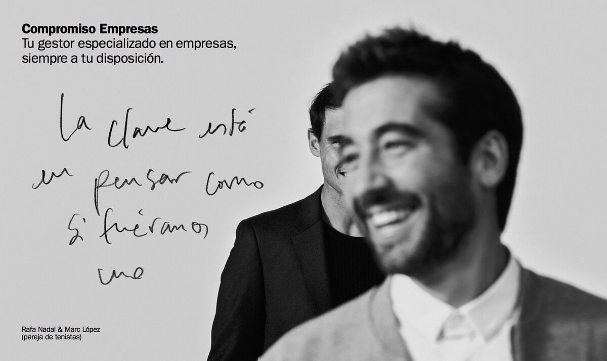 Golden Spanish tennis duo Rafael Nadal and Marc Lopez plus more celebrity colleagues in the BANC DE SABADELL campaign, photographed by Mariano Herrera and produced by <b>DORA JOKER</b>