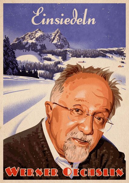 Werner Oechslin, Jean Claude Monnin, Christian Aschwanden und Wetterkönig Peter Suter - Schweizer Celebrity-Portraits für das  Y-Magazin Schwyz - illustriert von <b>Michael PLEESZ c/o ART ACT</b>