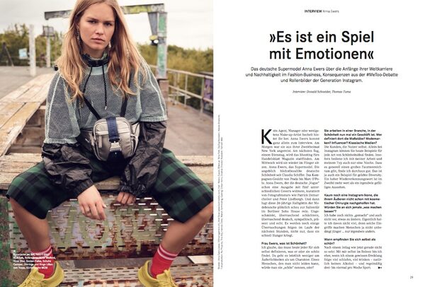 Markus Jans fotografierte Model und 'Natur-Talent' Anna Ewers für das HANDELSBLATT unter der Kreativ-Direktion von  DONALD SCHNEIDER STUDIO - produziert wurde die Coverstrecke von <b>NU PROJECTS</b>, Styling Claudia Hofmann