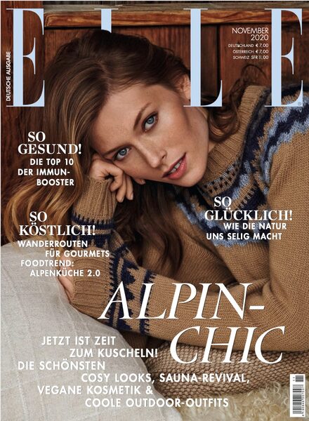 Model Caroline Lossberg auf dem Cover der ELLE Germany November 2020, fotografiert in den Bayrischen Alpen von <b>ANDREAS ORTNER</b>, Styling Birgit Schlotterbeck und Hair &amp; Makeup Anna Neugebauer